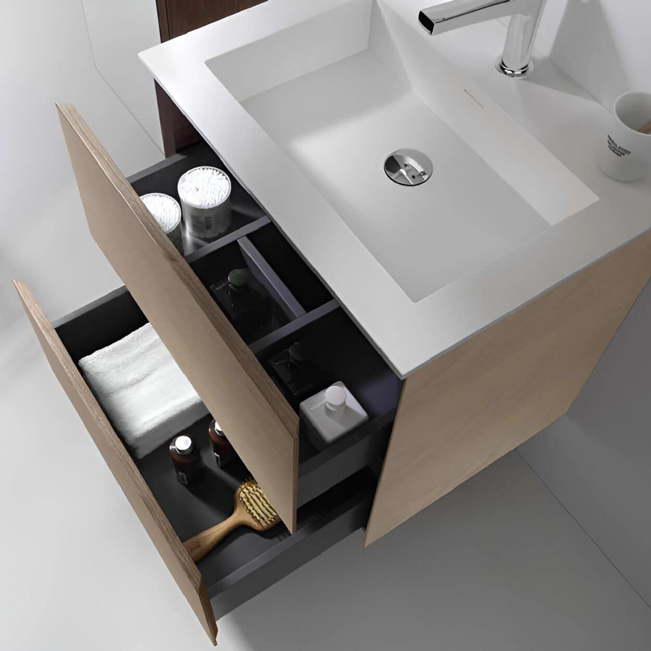  Paco Jaanson Benelli Blanche 600mm Oak Veneer Vanity - Push-To-Open Double Drawers with Solid Surface Basin 