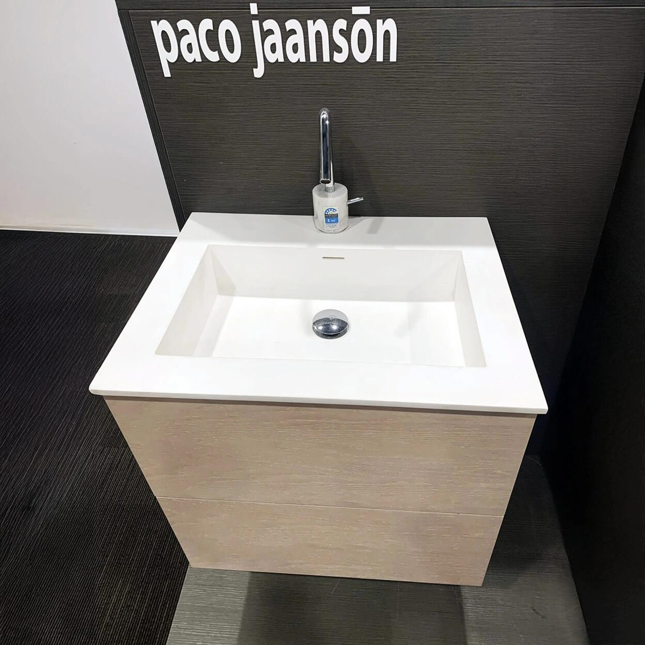  Paco Jaanson Benelli Blanche 600mm Oak Veneer Vanity - Push-To-Open Double Drawers with Solid Surface Basin 