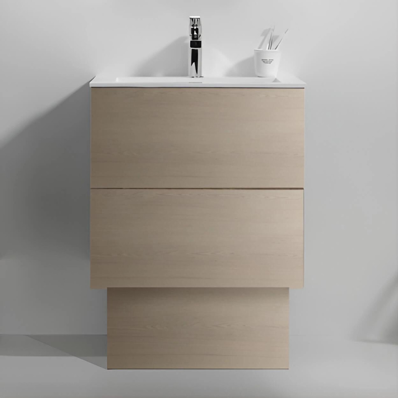  Paco Jaanson Benelli Blanche 600mm Oak Veneer Vanity - Push-To-Open Double Drawers with Solid Surface Basin 