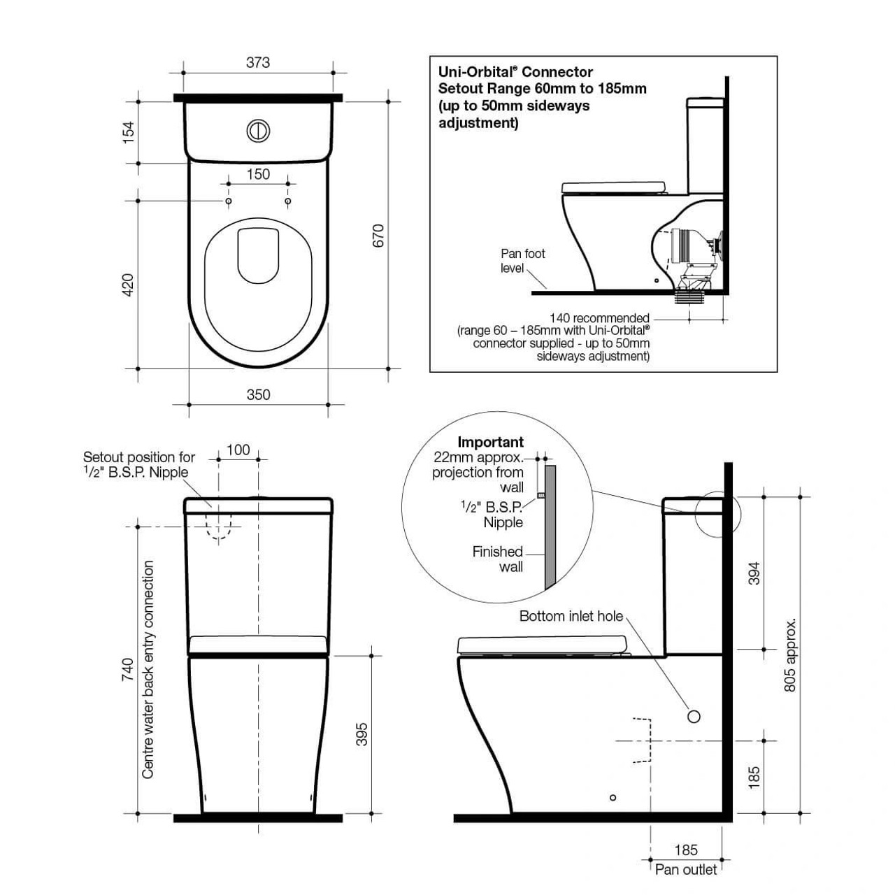  Caroma Luna Wall Faced Toilet Suite Bottom Inlet/Back Entry 