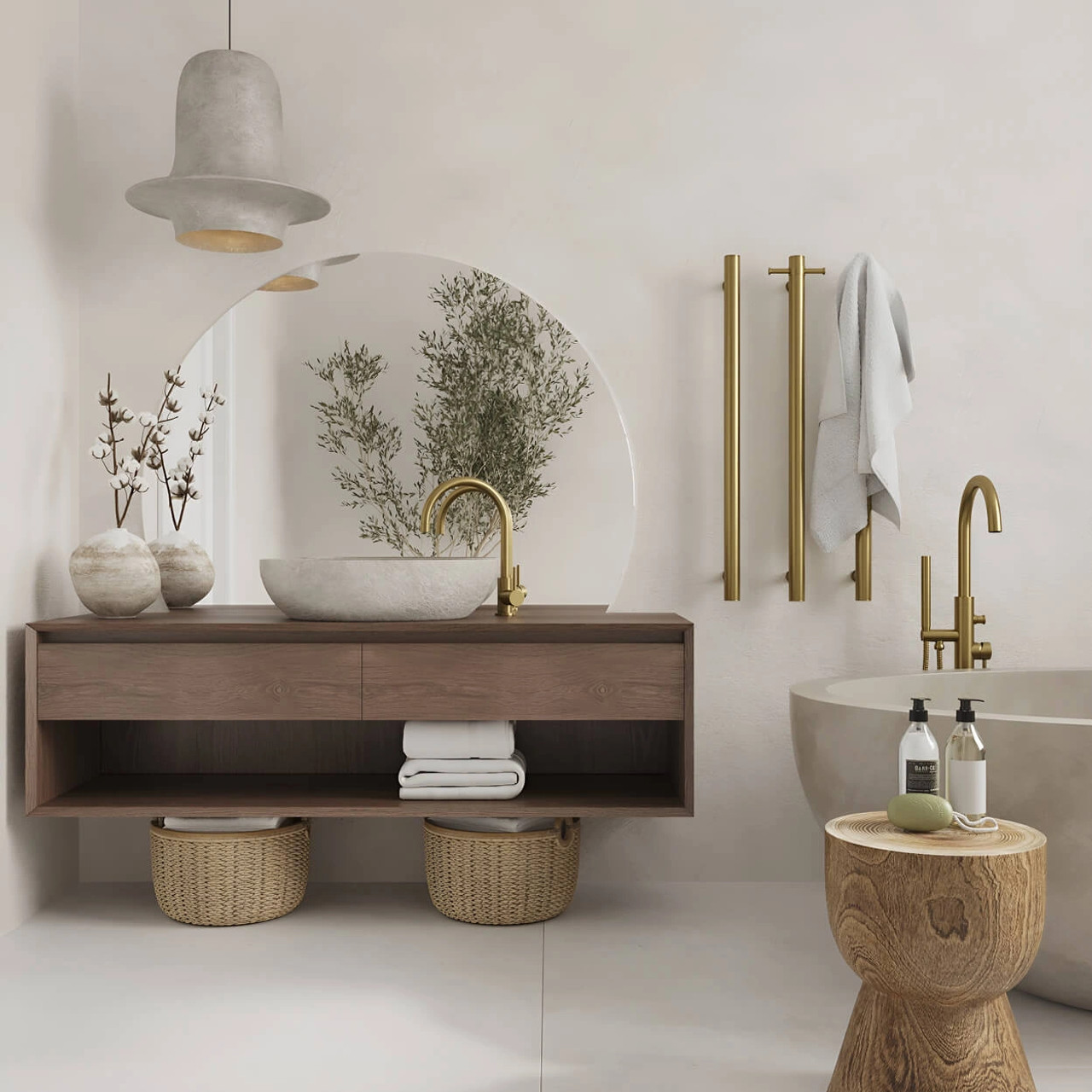 thermorail round 240v vertical single heated towel rail brushed gold