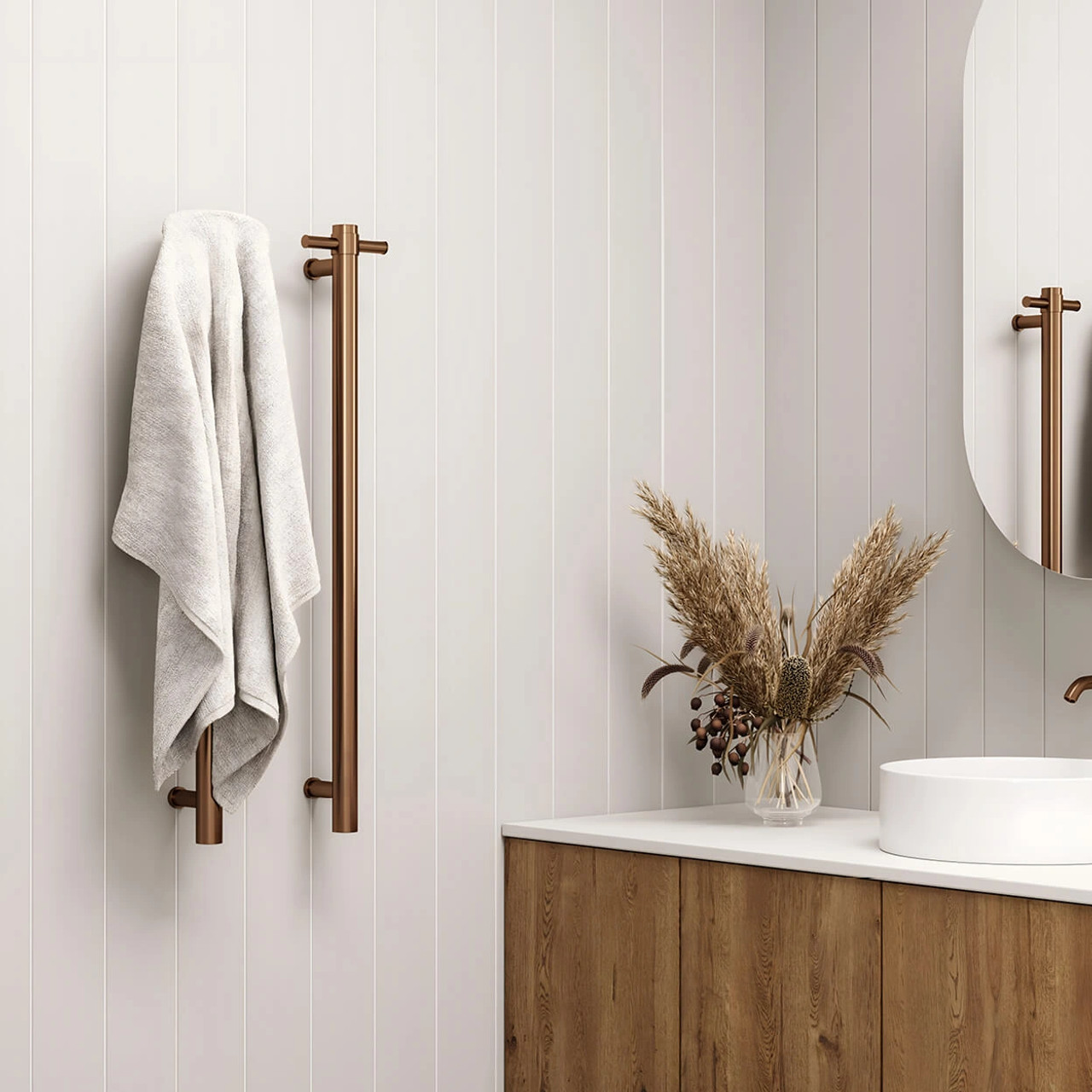 thermorail round 240v vertical single heated towel rail brushed bronze