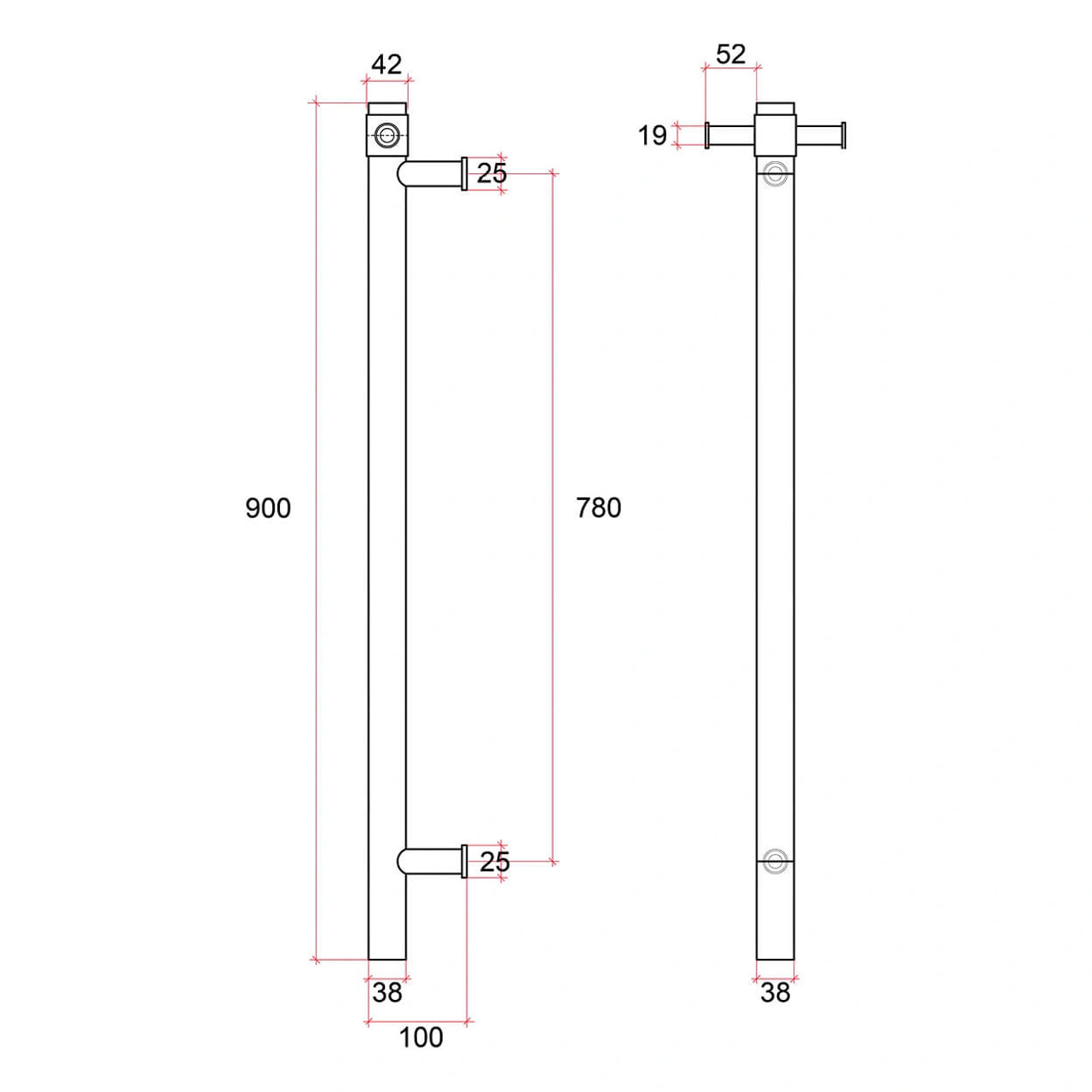 thermorail round 240v vertical single heated towel rail