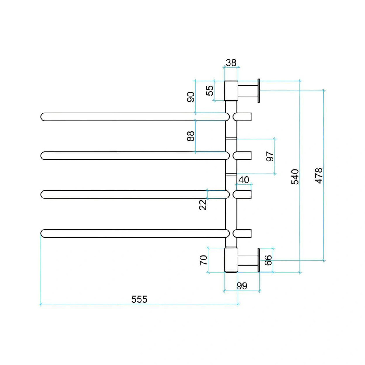 Thermorail Swivel Heated Towel Rail - 600x540 4 Bar Polished Stainless Steel   Thermorail Swivel Heated Towel Rail - 600x540 4 Bar Polished Stainless Steel