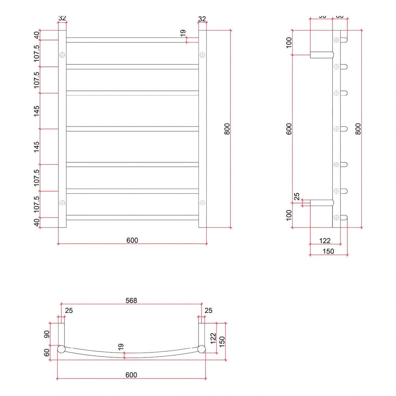  Thermorail Heated Towel Rail - 600x800mm Curved Polished 