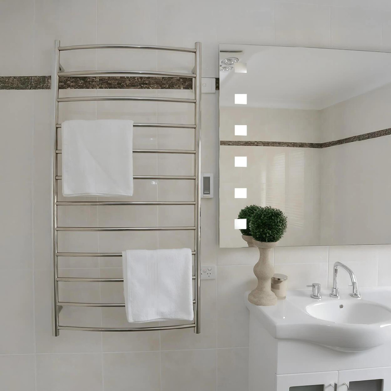  Thermorail 12 Bar Curved Round Polished Stainless Steel Heated Towel Rail 