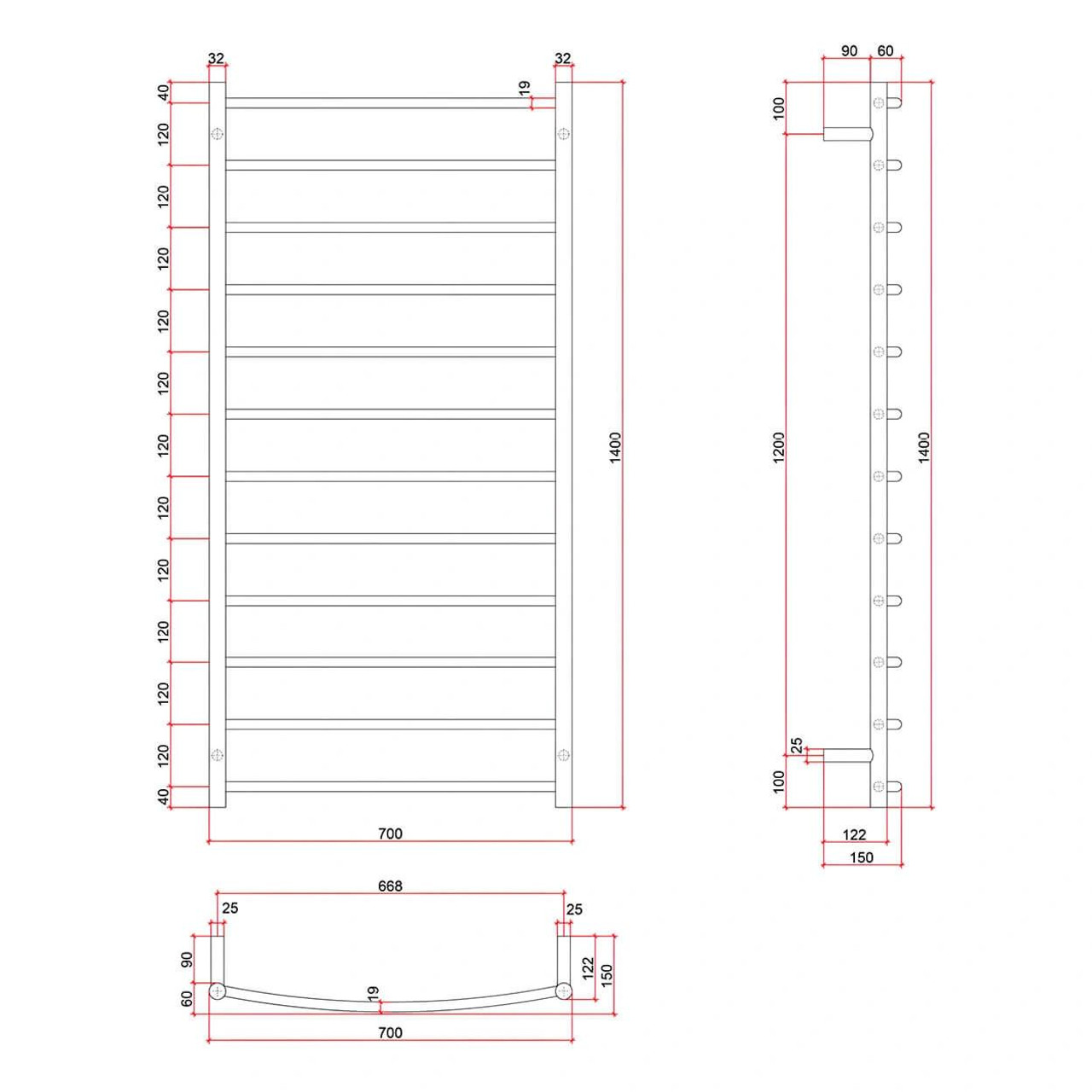  Thermorail 12 Bar Curved Round Polished Stainless Steel Heated Towel Rail 