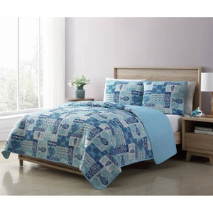 Full/Queen Aqua Blue Cream Beach Sea Shells Coral Fish Coastal 3-Piece Quilt Set Q280-PCQSF28143795
