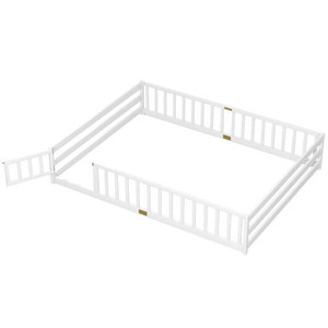 Queen Size Floor Bed Kids Montessori Bed Frame with Full Length Safety Guardrails-White - Color: Wh D681-HU11255WH-Q