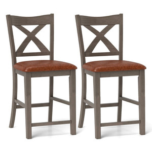 Bar Stools Set of 2 with Cross Back and Faux Leather Upholstered Seat-Gray - Color: Gray D681-JV12242GR