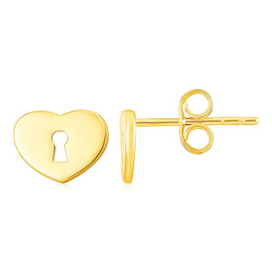 14k Yellow Gold Heart Padlock Stud Earrings P150-83059