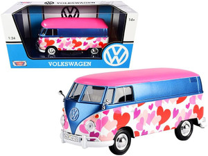 Volkswagen Type 2 (T1) Delivery Van "Love" Pink and Blue Metallic 1/24 Diecast Model Car by Motormax F977-79581