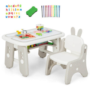 Kids Table and Chair Set with Flip-Top Bookshelf-Gray - Color: Gray D681-UY10062GR