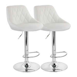 Elama 2 Piece Diamond Stitched Faux Leather Bar Stool in White with Chrome Base  and Adjustable Hei D970-ELM-704C-WHT