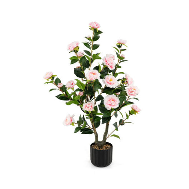 38 Inch Artificial Camellia Tree Faux Flower Plant in Cement Pot-Pink - Color: Pink D681-HZ10188PK-1