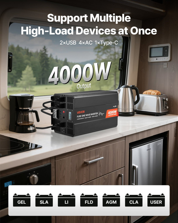 4000W Power Inverter, 12V DC to 120V AC Pure Sine Wave Inverter, Solar Car Charger Converter with L E415-LCDPYKCZXNBQ11UIQ001V1