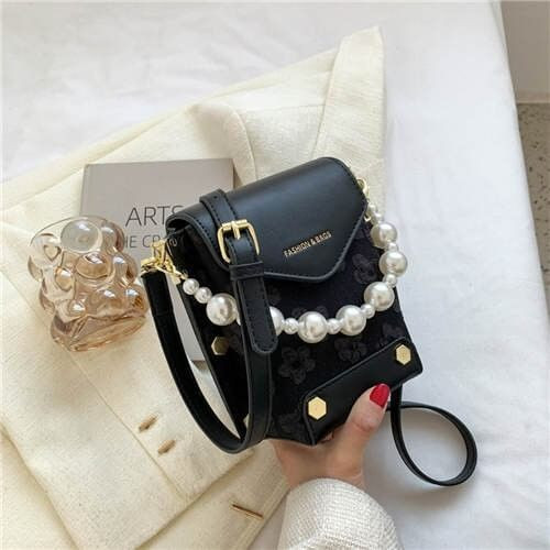 Fashion Small Size Elegant Pearl Chain Wholesale Women Handbag - Black A392-fhbg0310