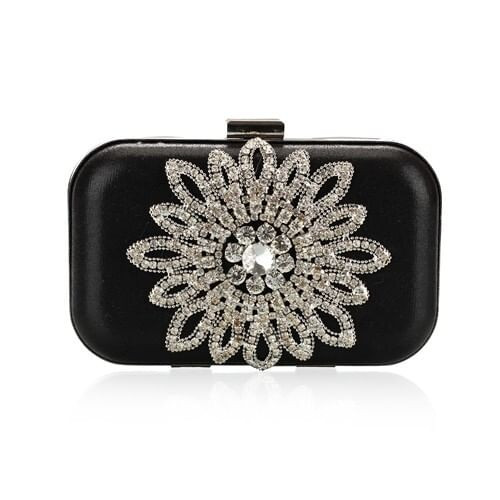 Luxurious Rhinestones Combined Sun Flower Attached Design Fashion Evening Handbag - Black A392-fhbg0117