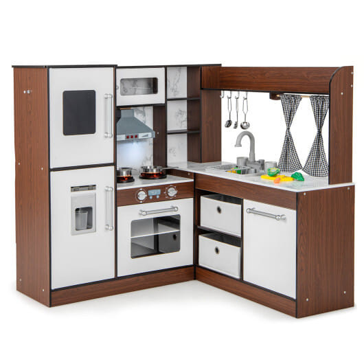 Wooden Corner Play Kitchen with Water Circulation System and Lights-Brown - Color: Brown D681-TP10167CF