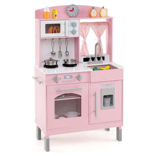 Play Kitchen for Kids Wooden Chef Pretend Playset with 3 Adjustable Heights Microwave-Pink - Color: D681-TP10321PI