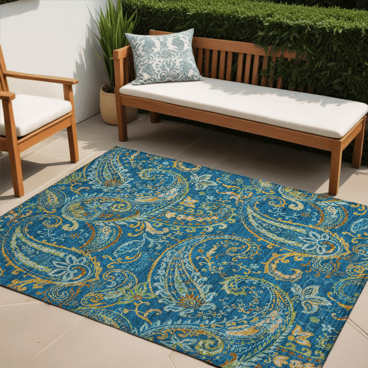 5' X 8' Navy Blue Paisley Washable Non Skid Indoor Outdoor Area Rug N270-561432