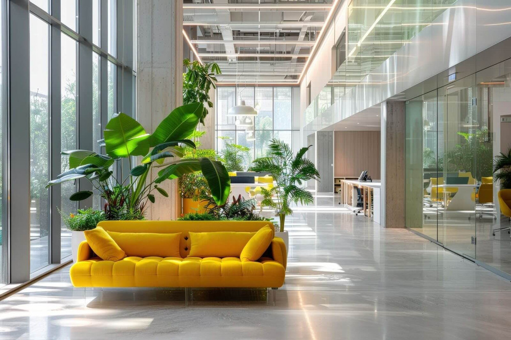 Modern office lobby with yellow sofa and plants.