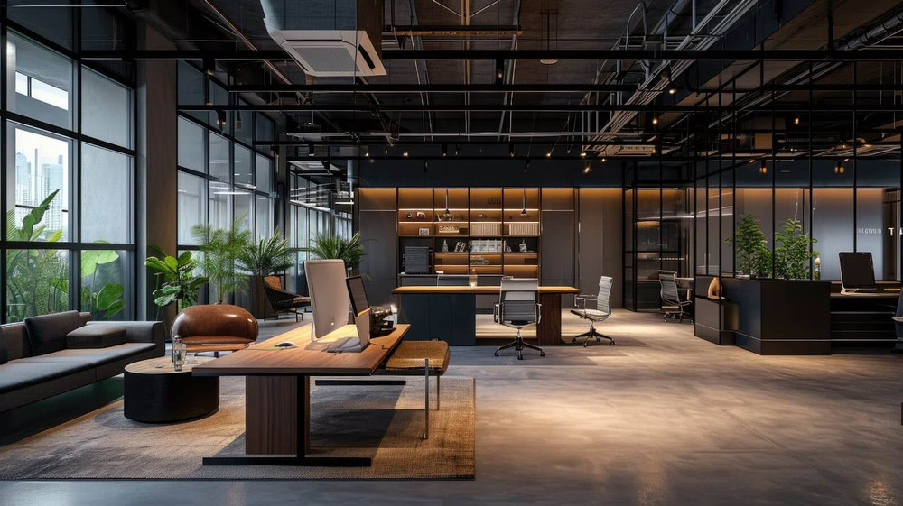 Modern office interior with desks and lounge area.