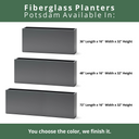 Dimensions chart showing sizing options for Potsdam large rectangular fiberglass planter boxes