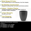 Dimensions chart showing multiple size options for Valencia round fiberglass planter pot