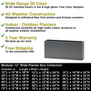 Dimensions chart showing sizing options for modular 12-inch wide fiberglass planter boxes