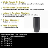 Dimensions chart showing multiple size options for Saint Tropez tall vase fiberglass planter pot