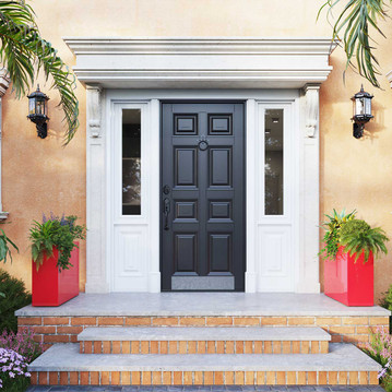 Pair of Milano narrow planter boxes in glossy red finish flanking modern front entry door