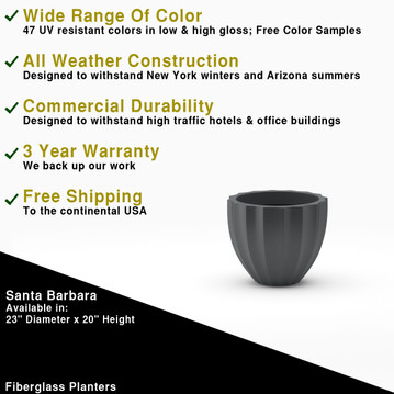 Santa Barbara fluted fiberglass planter pot in matte charcoal finish with size and feature diagram