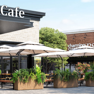 Old Elm Large Rectangle Planters in a commercial outdoor café setting with lush green plants