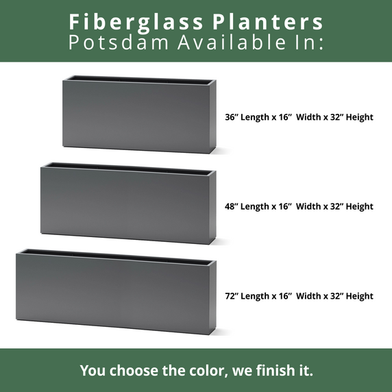 Dimensions chart showing sizing options for Potsdam large rectangular fiberglass planter boxes