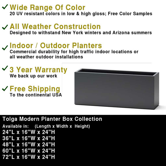 Dimensions chart showing multiple size options for Tolga modern fiberglass planter boxes