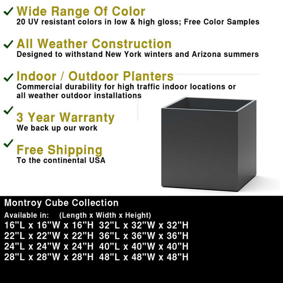 Dimensions chart showing multiple size options for Montroy cube square fiberglass planter boxes