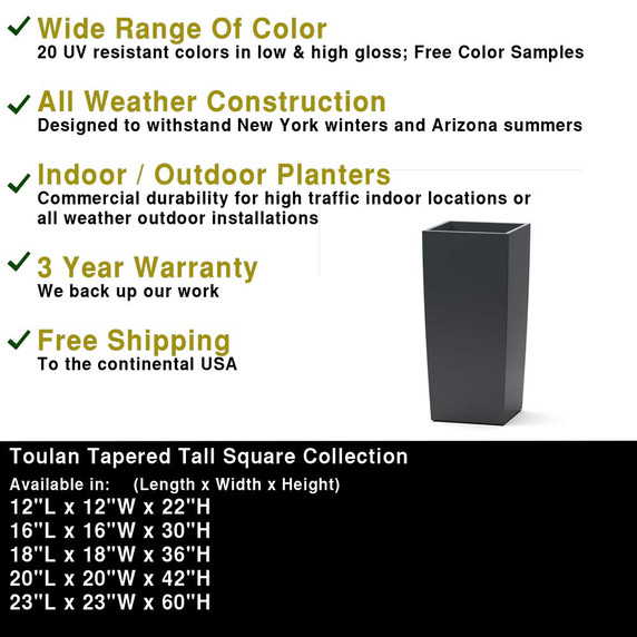 Dimensions chart showing multiple size options for Toulan tapered tall square fiberglass planter