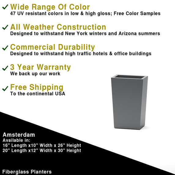 Dimension diagram showing measurements for Amsterdam Tapered Rectangular Planter