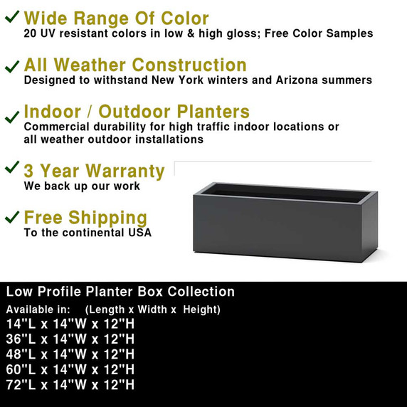 Dimensions chart showing multiple size options for Low Profile 12-inch tall fiberglass planter boxes