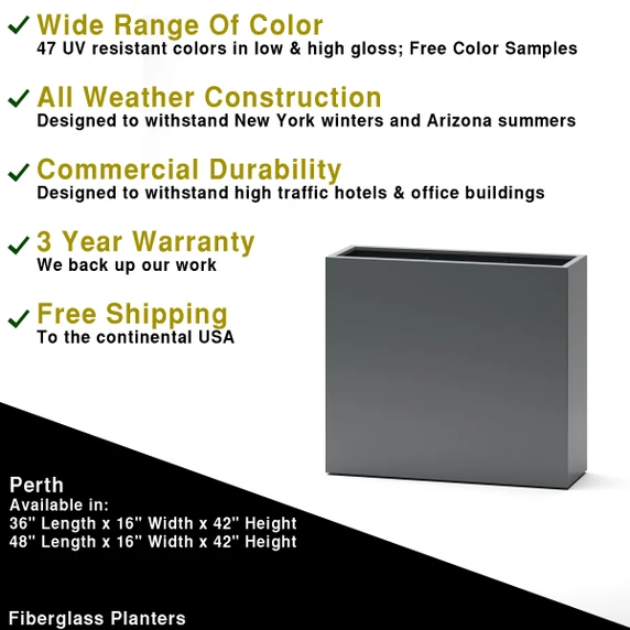 Dimensions chart showing multiple size options for Perth tall fiberglass planter boxes