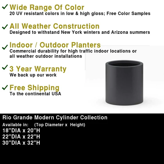 Dimensions and product details chart for Rio Grande Modern Cylinder Planter Pot