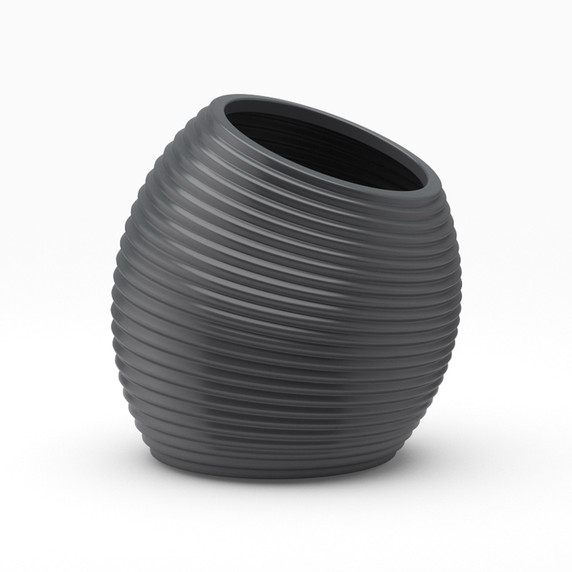 Spiral distinctive organic fiberglass planter pot, angled cutout view in matte black