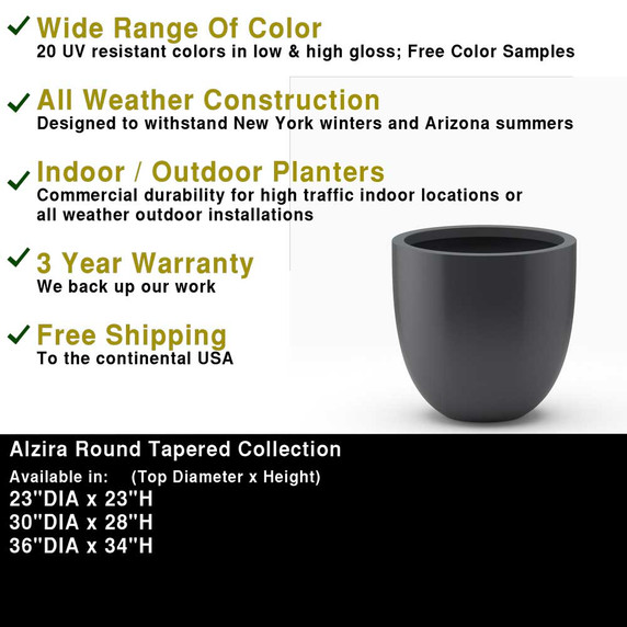 Feature highlights of Alzira round tapered fiberglass planter pot