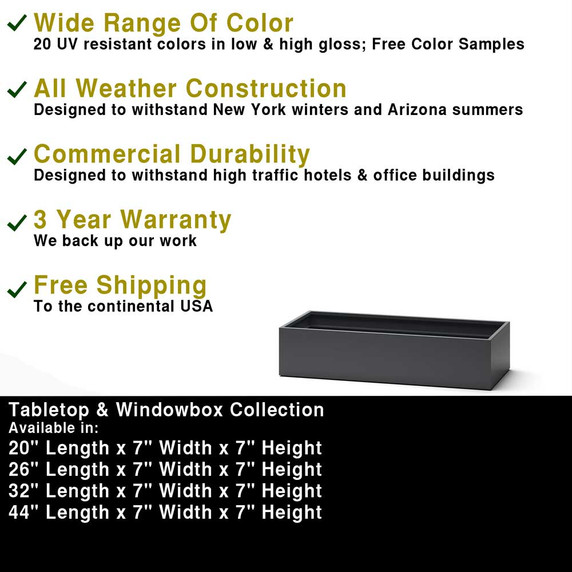 Dimensions and product details chart for Tabletop fiberglass windowbox planter collection