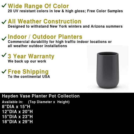 Dimensions and product details chart for Hayden vase fiberglass planter pot