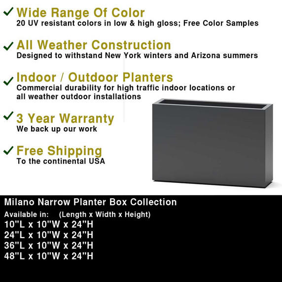 Dimensions chart showing multiple size options for Milano narrow planter box
