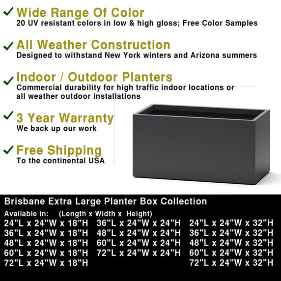Dimensions chart showing multiple size options for Brisbane extra large fiberglass planter boxes