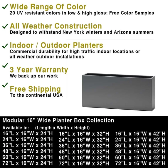 Dimensions chart showing multiple size options for modular 16-inch wide planter boxes
