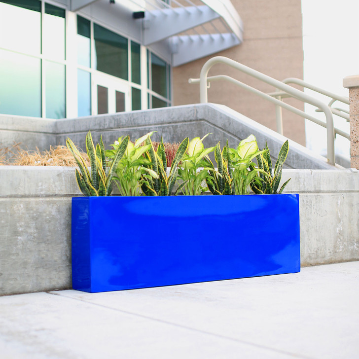 Bright blue Camoux Narrow Contemporary Planter Box with snake plants placed outdoors by modern concrete steps
